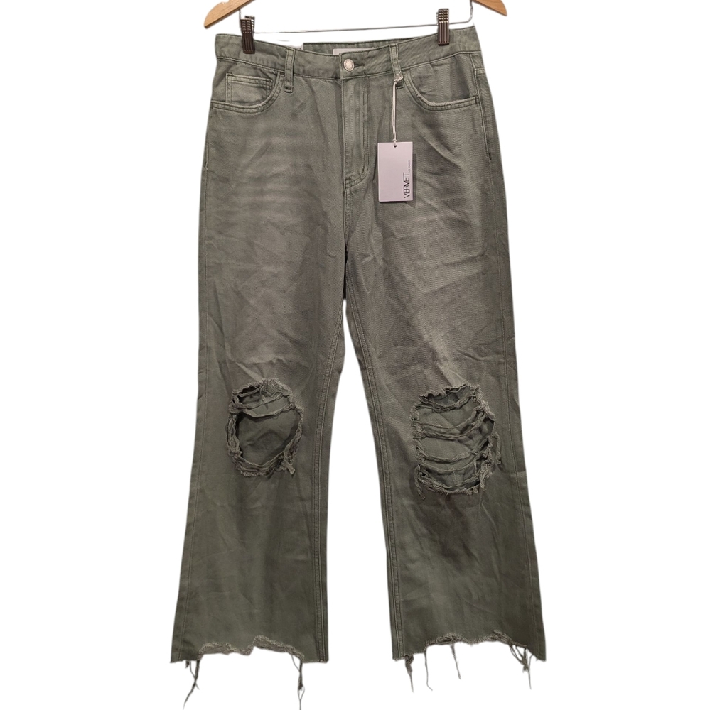 Vervet Leslie Distressed Cropped Olive Green Women's Flare Jeans Size 28